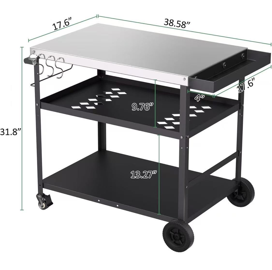✌️ Outdoor Grill Cart, Pizza Oven Stand Table with Wheels Dining Cart for Outside Patio, Movable Kitchen Cooking Prep Table BBQ Cart with Racks