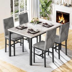 Dining Table Set for 4 Kitchen Table and Chairs Faux Marble Dinner Table & 4 PU Leather Upholstered Chairs Dinning Table 