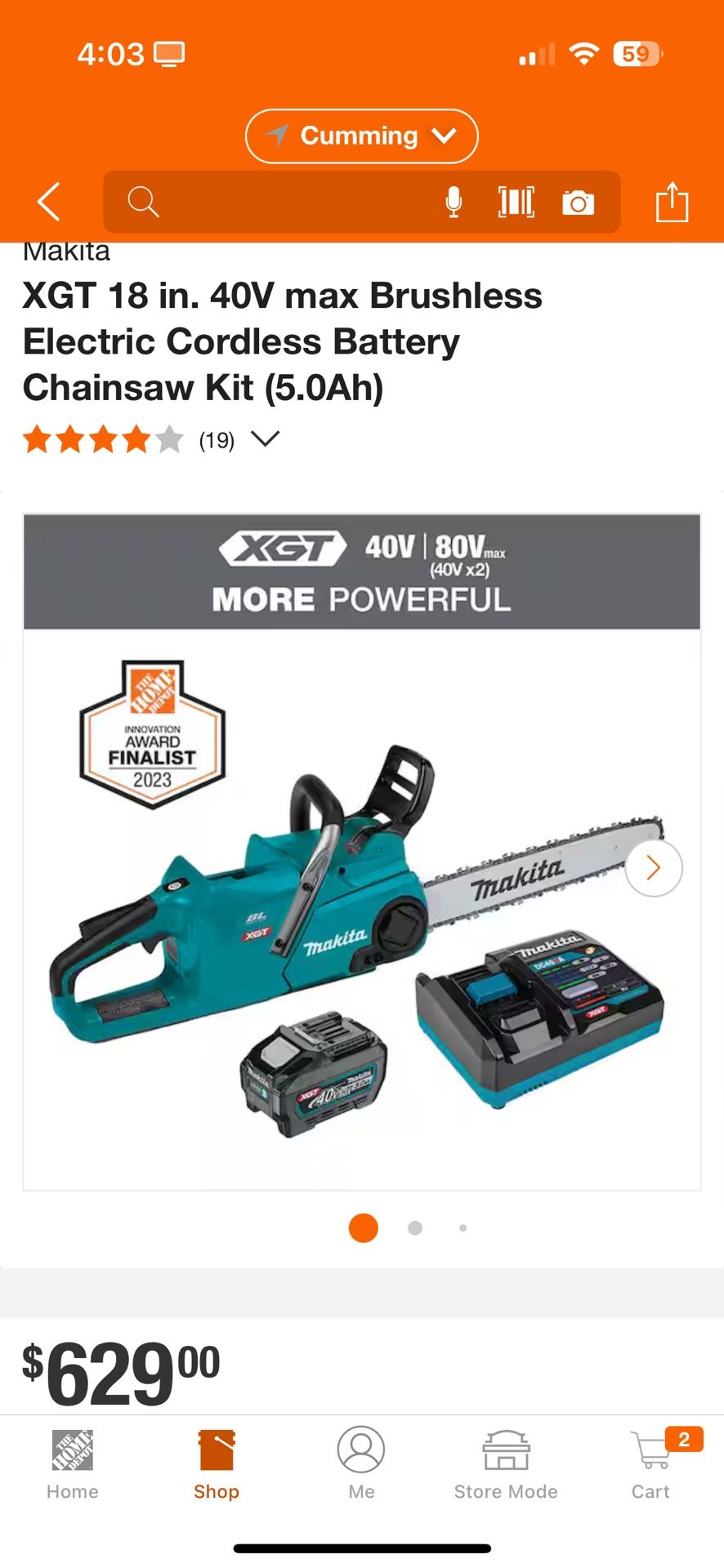 Brand New Makita XGT 18 in. 40Vmax Chainsaw Kit with battery and charger (5.0Ah) (Retail $630)