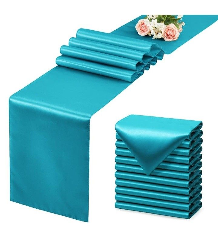 12 Pack Teal Blue Table Runner 12x108 Inches Long, Satin Silk-Like Smooth Table Decor for Wedding Prom Event Party