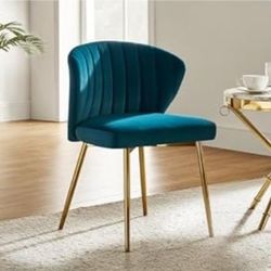 Mid-Century Modern Teal Velvet Dining Chair with Gold Legs