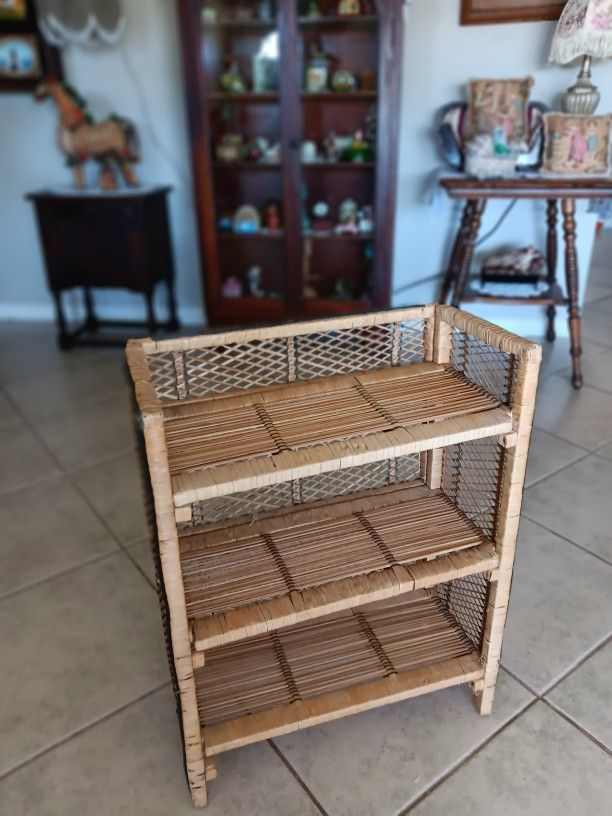 Vintage Boho Chic Coastal Rattan Wicker Folding Shelving Unit