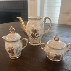 Vintage Teapot Set – Gold Trim Floral Porcelain (Teapot, Creamer & Sugar Bowl)