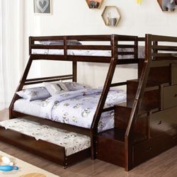 Brand New Espresso Twin Over Full Bunk Bed w Staircase + Trundle Bed
