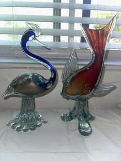 Vintage 12” Murano Glass Swan & Fish 