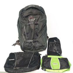 Osprey Farpoint 40 travel backpack with 3 packing cubes, shoulder strap and waterproof rain cover