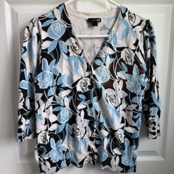 East 5th Floral V-Neck Button Cardigan - Blue, Black & White