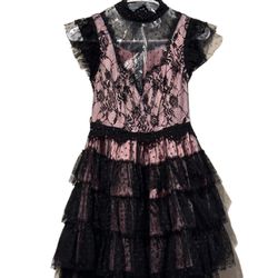 Unholy Rehearsal Party Mini Dress Sz XXS Black Pink Satin Lace Mesh Sold Out NWT