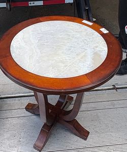 Round Wood Pedestal End Table with Inlaid Stone Top