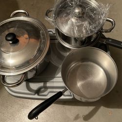 4 Pots And Saucers Lot: 2 New 2 Lightly Used 