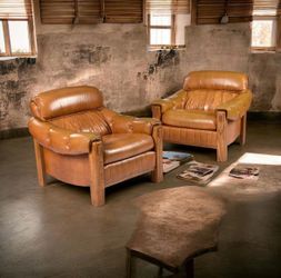 Pair of Vintage 1970s Ample Butterscotch Brown and Oak Tufted Club Chairs