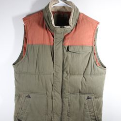 Bershka Men's Forest Green & Orange Puffer Vest With Fleece Collar