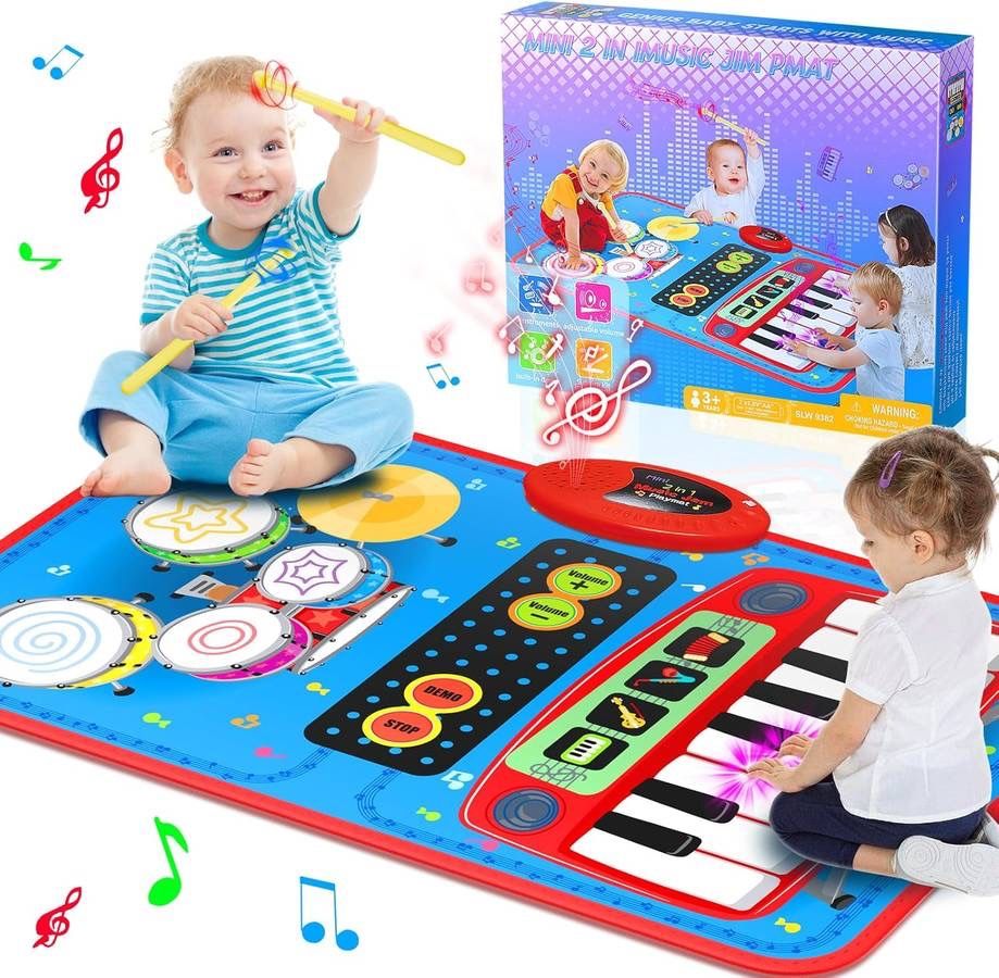 new 2-in-1 Musical Mat Toys for 1 2 3 4 5 Year Old, Piano Keyboard & Drum Set with 2 Drum Sticks, Early Educational Musical Learning Toys Birthday for