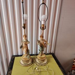 Pair Of Antique Emile Bruchon Bell Epoch Art Nouveau Figural Lamp