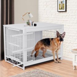 Assembled  Dog Crate Furniture, 44.1" Wooden Side End Table, Modern Dog Kennel with Double Doors, Heavy-Duty Dog Cage w/Pull-Out Removable Tray, Indoo