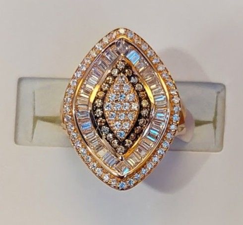 Round & Baguette Champagne & White Diamond Simulant Rose Gold Ring (NWT)