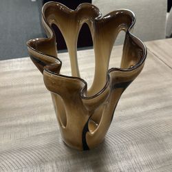 Hand-Blown Art Glass Vase – Sculptural Amber & Brown – $30