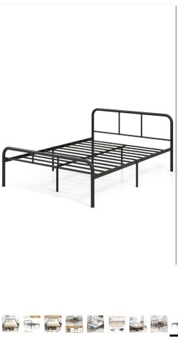 Base de cama de tamaño matrimonial, cama de plataforma de metal moderna con cabecera y estribo, base de colchón de soporte de listones de acero resist