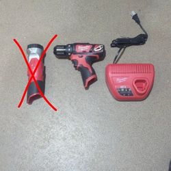 Milwaukee M12 Drill, Flashlight, Ratchet, And Charger. New