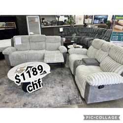 Gray Manual Two Tone Design Manual Reclining Sofa And Loveseat Set 