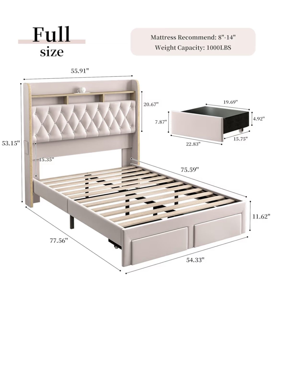 Full Size Bed Frame (pink) with storage drawers