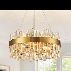 12-Light Modern Crystal Chandelier Brass Gold Round 2-Tiers K9 Crystal Raindrop Chandelier Adjustable Height Ceiling Light for Dining Room Living Room