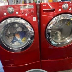 LG Red Washer And Dryer  Front Load With Pedetal 