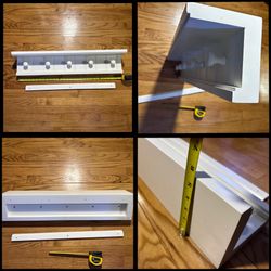 white wall-mounted coat rack with five shaker-style pegs and a top shelf. 30x6x6