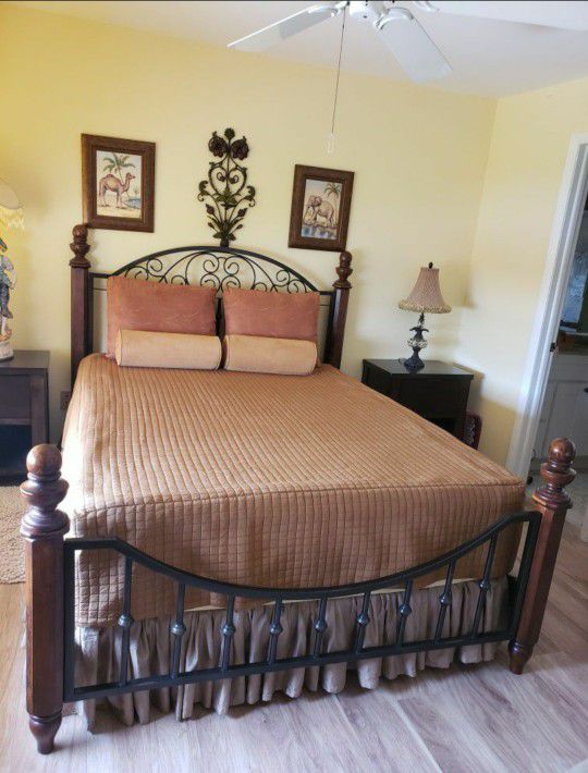 Queen Size Bed  Head Board  & Frame Wood & Metal with  Box Spring NO Mattress 
