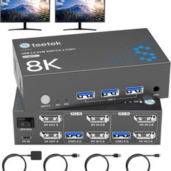 8K@60Hz KVM Switch 2 Monitors 2 Computers, USB3.0 DisplayPort KVM Switches, 4K@120Hz Dual Monitor for 1 Set of Keyboard Mouse Printer and U Disk with 