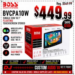 Boss Single Din Floating 10.1" Touchscreen Stereo Wi-Fi Wireless Apple Carplay Android Auto Bluetooth USB Am Fm 340 Watts BVCPA10W 🚨 Payment Options 