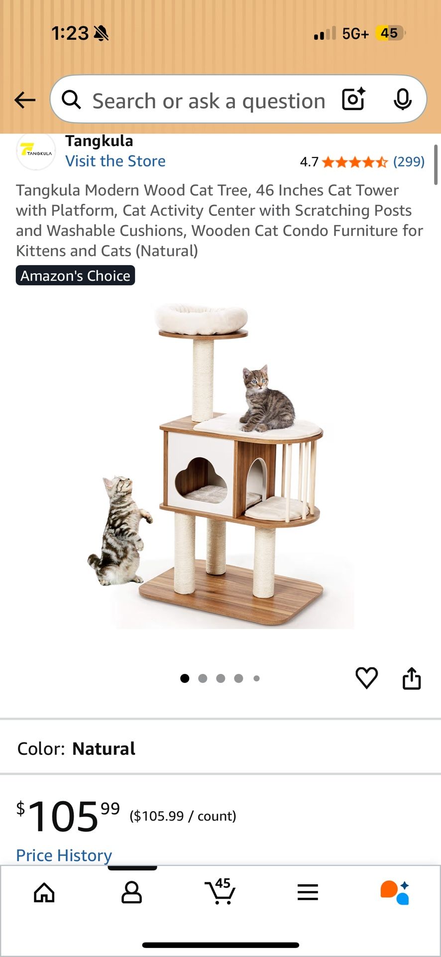 Modern Wood Cat Tree, 46 Inches Cat Tower