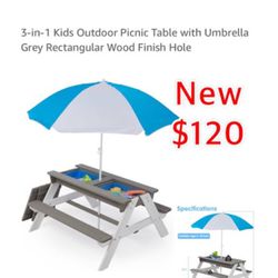 New in box 3-in-1 Kids Outdoor Picnic Table with Umbrella Grey/white Rectangular Wood Finish Hole $120 firm pick up east Palmdale 