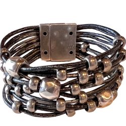 Metallic Leather Beaded Cuff Bracelet-Magnetic Closure-Ret $125