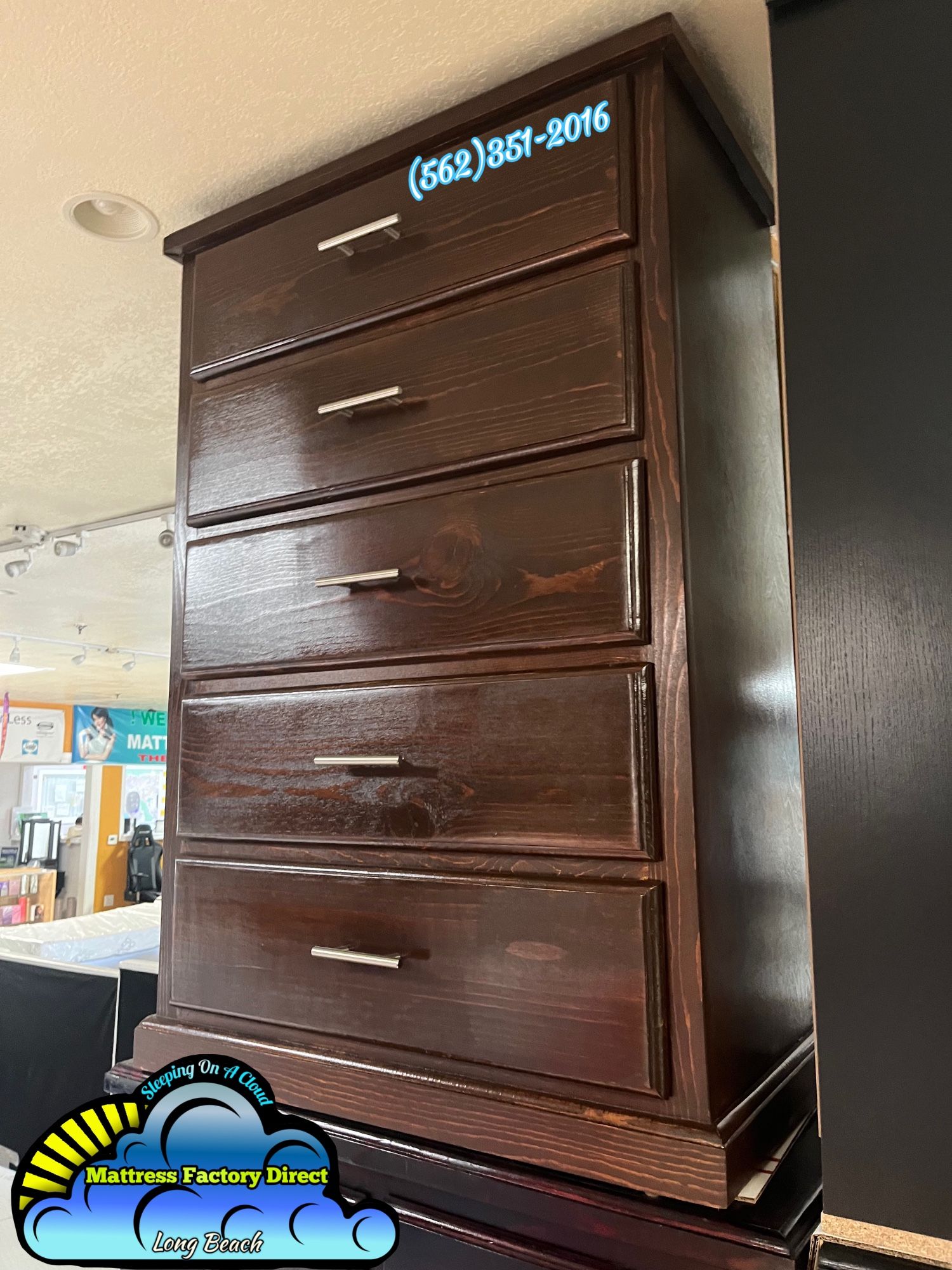 Brown Solid Pine Wood 5 Drawer With Bar Handle Knobs 