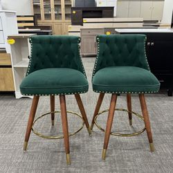 Set of 2, Counter Height Bar Stools, 360° Swivel Counter Stools Set of 2, Upholstered 24" Velvet Barstools with Back and Footrest for Kitch