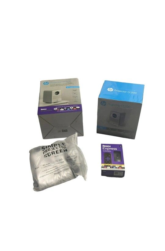 HP CC200 FHD LCD LED Projector with Roku Express Streaming Player and 84" Mobile Projection Screen