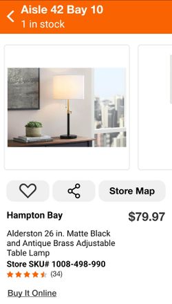 BRAND NEW NIB SEALED Hampton Bay Alderston 26" Matte Black and Antique Brass Adjustable Table Lamp