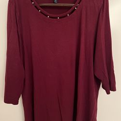 Karen Scott women's studded boat-neck top in burgundy.