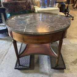 19th Century French Louis XVI Marble Top Walnut & Brass Bouillote Table