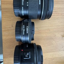 Canon 10-18mm , 50mm 1.8 , 24mm 2.8