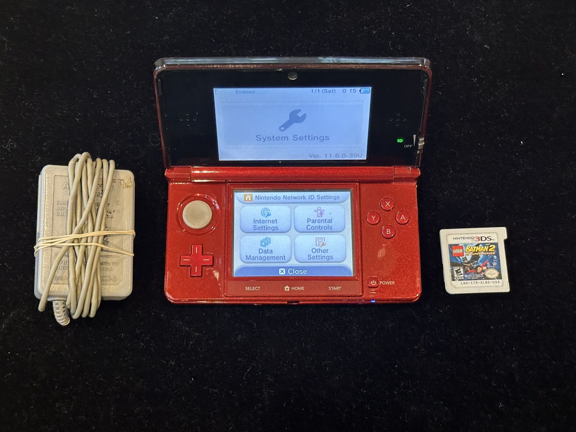 Nintendo 3DS Red Handheld Game Console + LEGO Batman 2 Game Cartridge + Charger