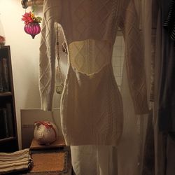 Creamy Colored Short Long Sleeve Open Back Knitted Dress