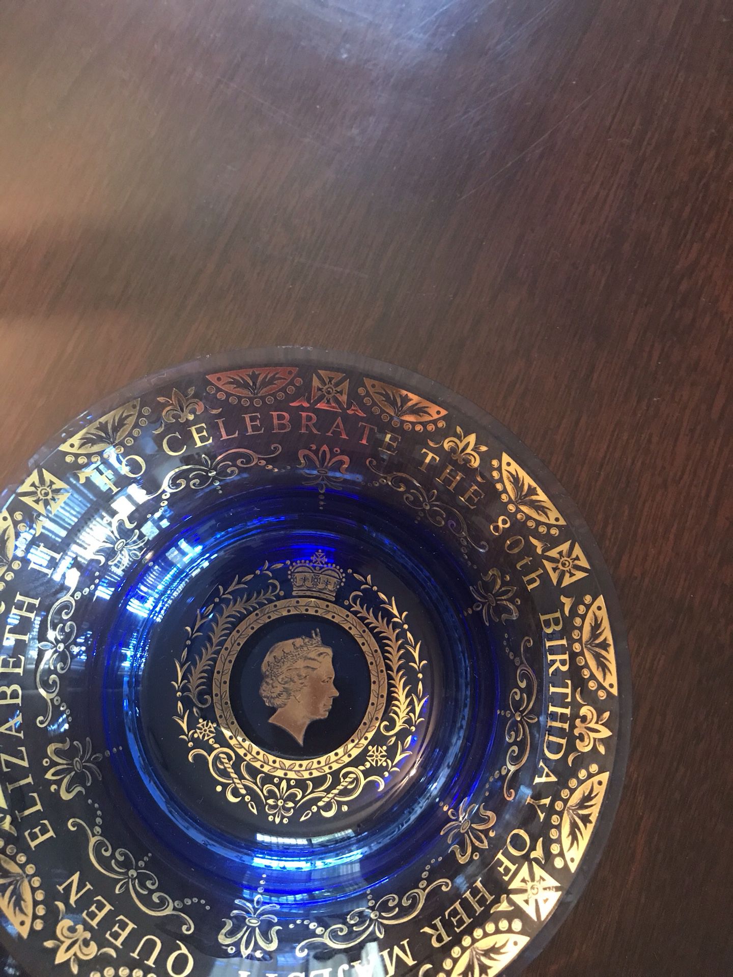 Queen Elizabeth’s 80th Birthday 2 blue glass bowls with gold lettering $7 each OBO