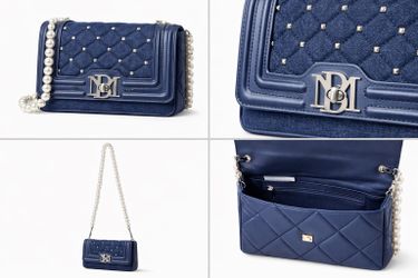 Navy Quilted Studded Crossbody Bag Pearl Chain Chic Designer  Style/Bolso Azul Acolchado con Tachuelas Crossbody Cadena de Perlas Elegante