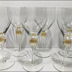 Vintage Set of 6 Art Deco Amber Glass Bubble Optic Crystal Wine Glasses 8.25” Tall.