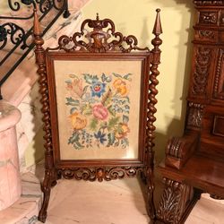 Victorian Carved Walnut Antique Floral Needlepoint Fire Screen Panel Art