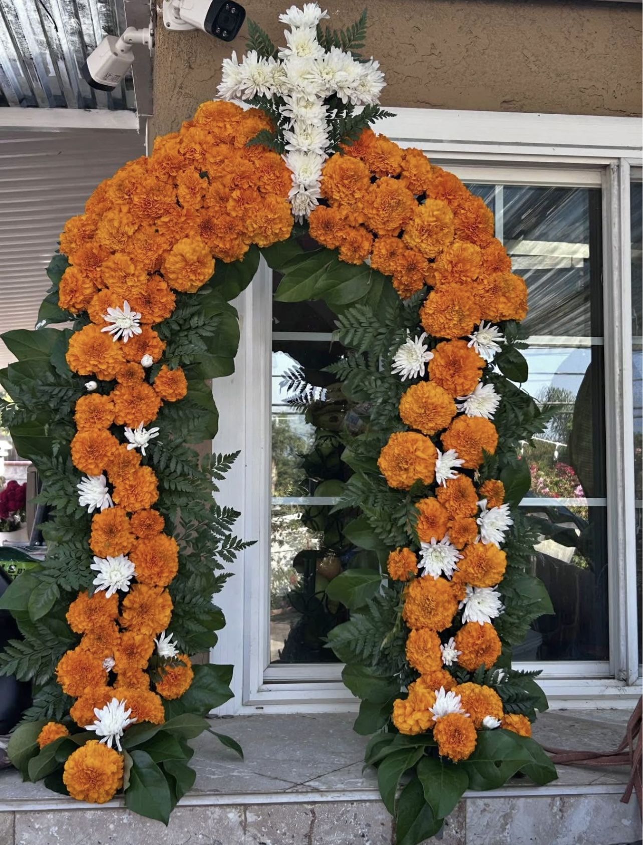 Marigold Floral Arch with Cross – Perfect for Day of the Dead or Memorial 