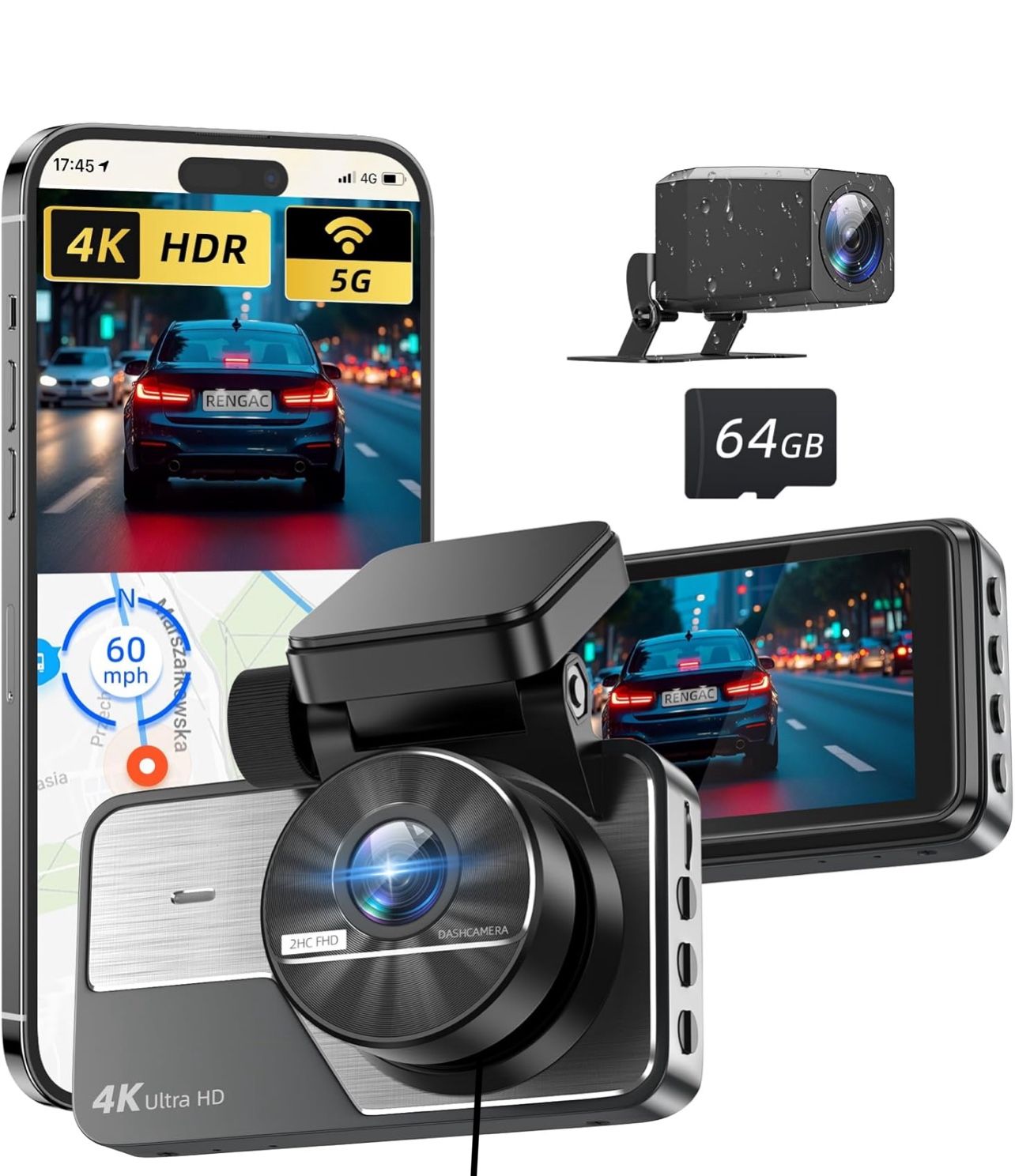 Dash Cam Front and Rear 4K+2K, Dash Camera for Cars, Car Camera, Dual Dashcams for Cars with Night Vision, Built-in WiFi 64GB Card, 24 Hours Parking M
