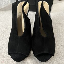 Ladies Suede Open Toe High Heels - Black 10M